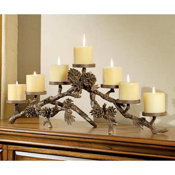 Pine Cone Mantle Piece Candle Holder Lodge Decorative Sculptural Art